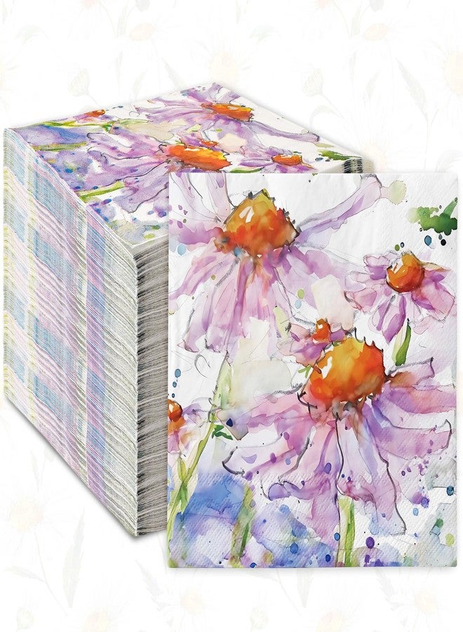 JarThenaAMCS 80Pcs Spring Daisy Paper Napkins Violet Flower Disposable Luncheon Napkins Summer Floral Dinner Hand Napkin for Seasonal Home Party Supplies, 6.5 x 6.5 Inch - Image 1